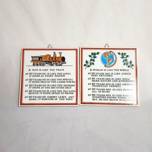 Pandora Ceramics Wall Tile Plaques Man Like Train, Woman Like World